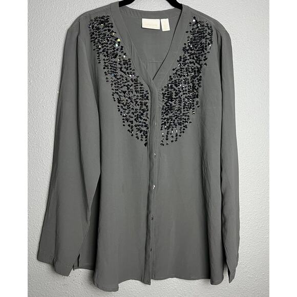 Chico's Womens Grey Sequin Shear Button‎ Down Career Top Size 2 Medium Holiday - Picture 2 of 10